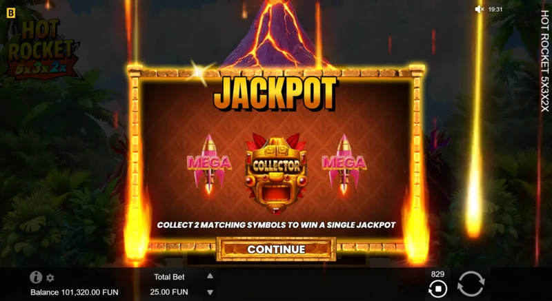 Hot Rocket 5x 3x 2x - start av Jackpot Spins med en raket-samlare i mitten